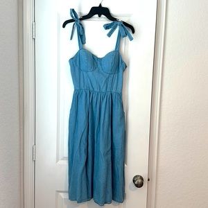 LC Lauren Conrad Denim colored Corset Body Midi Dress with Pockets size Small